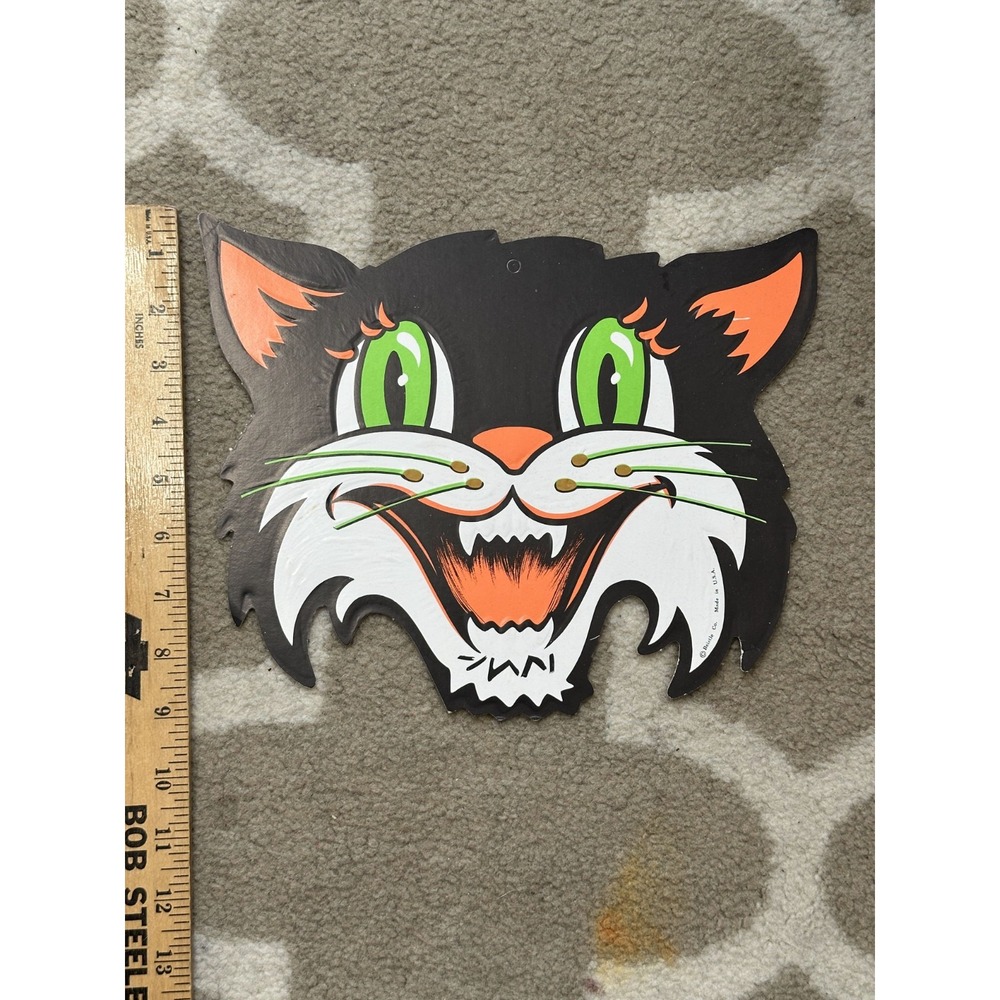Vintage Beistle Halloween Embossed Black Cat Whiskers Die Cut Hanging Decoration